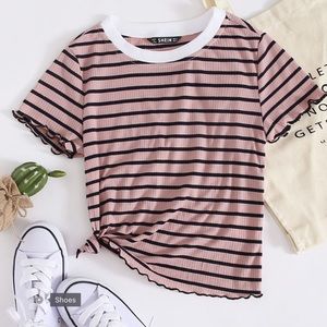 Shein medium pink neck lettuce edge striped tee